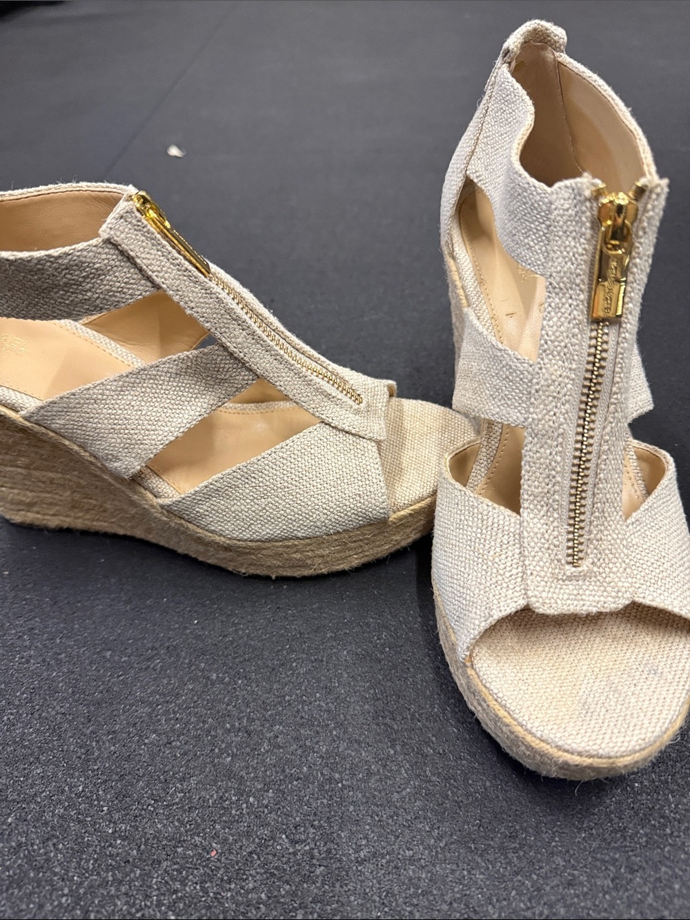 MICHAEL Michael Kors Beige Canvas Espadrille Wedge Sandals with Gold Zipper